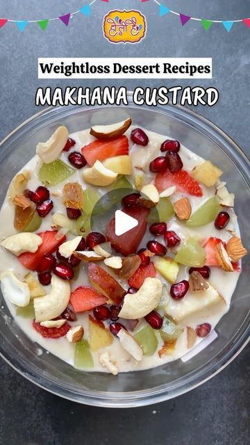 Aarzoo Sethi on Instagram: "*WEIGHT LOSS MAKHANA CUSTART*  The rich flavors of Makhana Custard - a delightful blend of creamy custard infused with the nutty goodness of Makhana (fox nuts), creating a unique and delicious dessert experience. 🍮🥣  📜*BENEFITS:* Nutrient-rich Antioxidant properties Digestive health Energy boost Heart health Weight management Bone health  📌Recipe: *Ingredients* - Makhana - Water - Rolled Oats - Jaggery Powder - Desiccated Coconut - Apples - Banana - Grapes - Straberries - Pomegranate Seeds - Mixed dry-fruits  *Method* 1. Soak 1 cup of Makhana in hot water for 2 hrs 2. In a Mixer, Add Soaked Makhana, 1/2 cup rolled oats, 1/2 cup Jaggery powder, 1/2 cup Desiccated Coconut and water as required. 3. Blend until it’s smooth & Silky 4. Add Chopped Apples, Bananas, Bone Health Recipes, Makhana Recipe, Jaggery Powder, Fruit Custard, Desiccated Coconut, Vegetarian Fast Food, Custard Recipes, Dry Fruits, Energy Boost