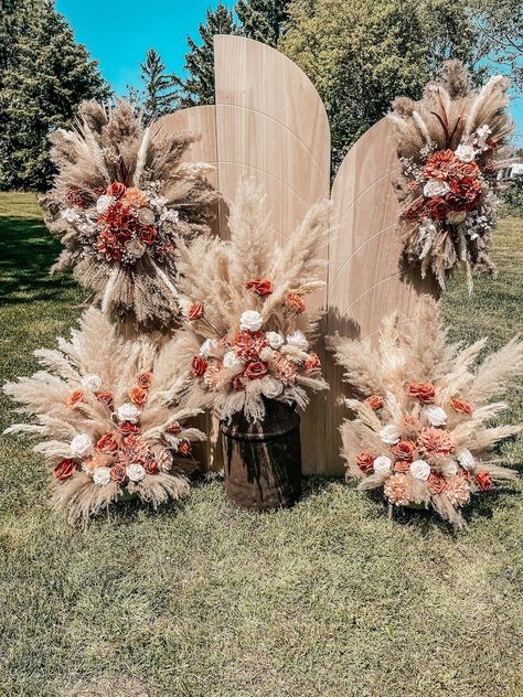 Self Standing Floral Arrangement Set, Burnt Orange Eucalyptus Pampas Grass Decor, Rustic Fall Wedding Flowers, Terracotta Aisle Flowers - Etsy Fall Pampas Grass Decor, Wedding Flowers Terracotta, Western Floral Arrangements, Rustic Fall Wedding Flowers, Pampas Grass Floral Arrangements, Boho Floral Arrangements, Grass Centerpiece, Orange Eucalyptus, Burnt Orange Wedding