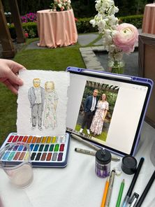 Guest Painting Wedding, Guests Painting At Wedding, Live Wedding Guest Illustration, Wedding Guest Live Painting, Wedding Guest Portrait Painting, Wedding Drawing, Artist Sketches, Wedding Painting, Live Painting