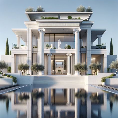 Designs for a modern private residences with an influence from ancient Greek architecture Greek Architecture Modern, Greek Mansion, Modern Greek House, Greek Style Home, Greek Homes, Greek Villa, Roman House, Futuristic House, Greek Decor