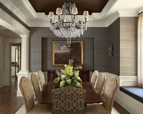 Dining Room Design - Dark Grey Walls, Wood Tones, White Trim, Neutral Toned Chairs, Brown Painted Ceiling Tray, Crystal Chandi Tabletop Cabinets, Faucets Kitchen, Room Pics, Faucets Bathroom, Dark Ceiling, Cabinets Storage, Traditional Dining Rooms, Dining Room Wallpaper, Storage Bathroom