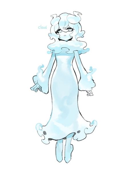 Cloud Dress Drawing, Cloud Character Illustration, Cloud Person Art, Cloud Oc Art, Sisters Character Design, Air Character Design, Cloud Elemental, Cloud Hair Drawing, Wind Character Design