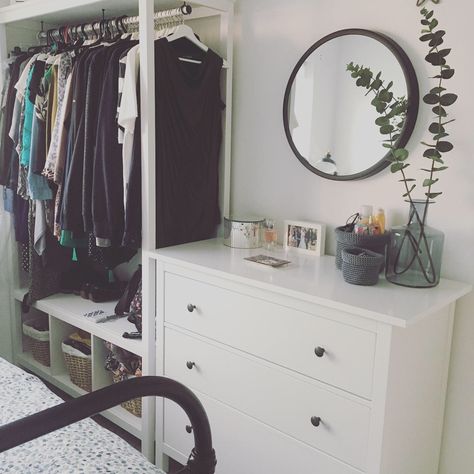 Ikea Open Wardrobe, Hemnes Wardrobe, Wardrobe Ikea, Wardrobe Diy, Palette Furniture, Scandi Bedroom, Bedroom Decorating Tips, Dressing Room Decor, Ikea Wardrobe