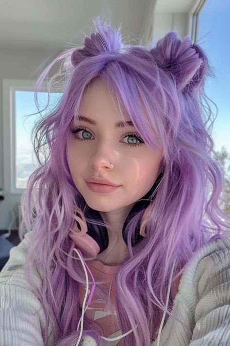 Woman with purple wavy hair styled in half-up buns, wearing headphones, and a white sweater, with a soft smile and clear blue eyes. Hair For Pride, Purple Rave Hair, Long Lilac Hair, Cool Color Hair Ideas, Hair Inspo Color Long, Festival Hair Bangs, Festival Hair With Bangs, Colored Braids Hairstyles, Hair Color Ideas Women