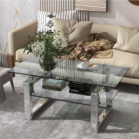 IKIFLY Mirrored Coffee Table with 2 Tier Glass Boards & Sturdy Metal Legs, Clear Rectangle Glass End Table Coffee Tea Table for Home Office Modern Glass Coffee Table, Tempered Glass Coffee Table, Glass Cocktail Tables, Pedestal Coffee Table, Mirrored Coffee Tables, Angular Design, Glass End Tables, Glass Side Tables, Black Side Table