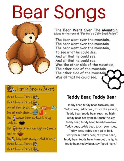 Bear Fingerplays, Teddy Bear Circle Time, Teddy Bear Songs Preschool, Bubba Bear Craft Zoophonics, Preschool Bear Songs, Bear Themed Activities For Preschoolers, Bear Songs Preschool, Teddy Bears Picnic Activities, Teddy Bear Picnic Song