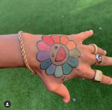 Kaws Tattoo Ideas For Women, Murakami Tattoo Ideas, Takashi Murakami Flower Tattoo, Takashi Murakami Tattoo, Murakami Flower Tattoo, Murakami Tattoo, Tattoos Y2k, Flower Tattoo On Hand, Flower Neck Tattoo