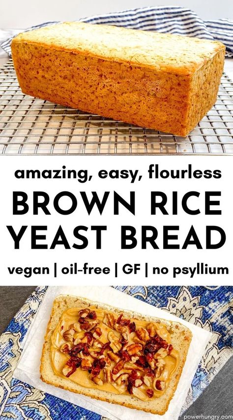 Amazing flourless brown rice yeast bread! It is psyllium-free, gluten-free, oil-free & vegan, plus cheap and easy to make. Only 4 ingredients! #wfpb #wfpbno #wfpbbread #wfpbnobread #ricebread #brownricebread #riceblenderbread #riceyeastbread #flourlessricebread #miraclericebread #vegan #glutenfree #glutenfreericebread #glutenfreebread #veganbread #blenderbread #blender #fastbread #fastyeastbread #veganglutenfreebread #nopsyllium #psylliumfree #oilfree #oilfreebread #eggfree #dairyfree Rice Bread Recipe, Brown Rice Bread, Gluten Free Vegan Bread, Baked Items, Pie Designs, Best Gluten Free Bread, Vegan Bread Recipe, Rice Bread, Flat Breads