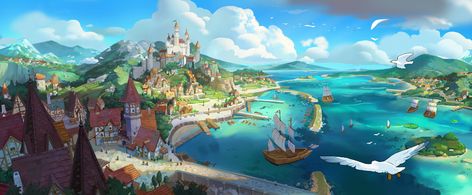 ArtStation - Port Town, Nara Town Art Illustration, Dnd Coastal City, Fantasy Town Art, Fantasy Town Concept Art, Fantasy Kingdom Cities, Fantasy Castles, Fantasy Cities, Port Town, Background Landscape