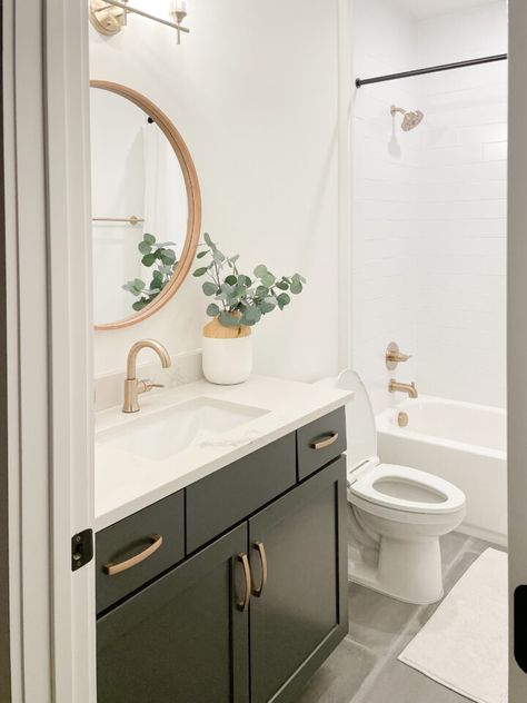 Snowbound Bathroom Walls, Dovetail Sherwin Williams Bathroom, Snowbound Sherwin Williams Bathroom, Sherwin Williams White Bathroom, Snowbound Sherwin Williams Walls, Snowbound Sherwin Williams, Sw Snowbound, Dark Lower Cabinets, Upstairs Ideas