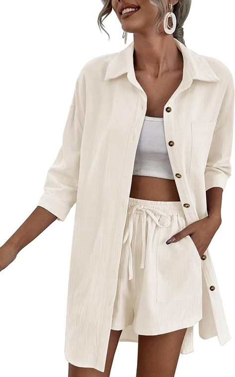 Zeagoo Womens 2 Piece High Low Shirt and Drawstring Casual Shorts Lounge Tracksuit Set, 04_white, Large at Amazon Women’s Clothing store Tracksuit Outfit, High Low Shirt, Tracksuit Set, Amazon Women, Shorts Set, Summer Outfit, Short Sets, Cotton Linen, Clothing Store