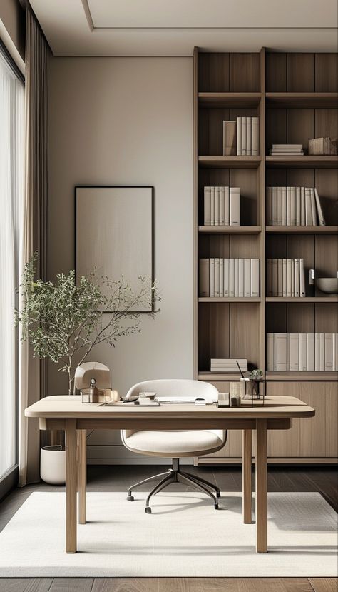 Harmony of minimalism and elegant office London Home Office, Personal Office Interior Design, Minimal Office Interior, Japanese Home Office, Japandi Office Design, Japandi Office, Small Office Layout, Japandi Home Office, Modern Minimalist Office