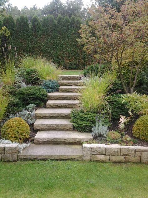 Sloping Garden, Sloped Backyard Landscaping, Landscaping On A Hill, Stone Steps, Sloped Backyard, Landscaping Retaining Walls, Garden Stairs, Tiered Garden, Sloped Garden