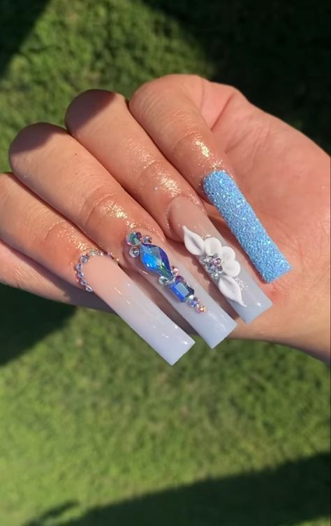 Light Blue Prom Nail Ideas, Sky Blue Quince Nails, Light Blue Nails With Diamonds, Light Blue Bling Nails, Light Blue Bling Acrylic Nails, Light Blue Birthday Nails, Light Blue Quince Nails, Light Blue Quince Nails With Butterflies, Long Blue Acrylic Nails With Rhinestones