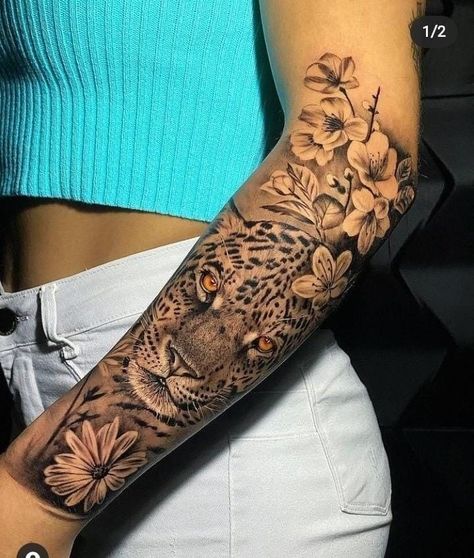 Cheetah Arm Tattoo For Women, Womens Sleeve Ideas, Cheetah Sleeve Tattoo, Jungle Tattoo Sleeve Women, Jungle Tattoo Ideas For Women, Jungle Theme Tattoo Sleeve For Women, Cheetah Tattoo For Women Sleeve, Inner Calf Tattoos For Women, Arm Tattoo Baddie