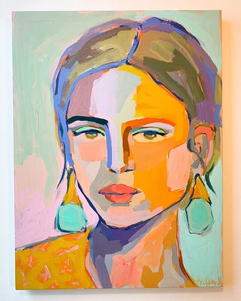 Abstract Art With Faces, Kelsey Howard Art, Green Portrait Painting, Fun Portrait Painting, Abstract Portrait Painting Faces, Abstract People Painting, Modern Art Ideas, Colorful Portrait Painting, Modern Art Portrait