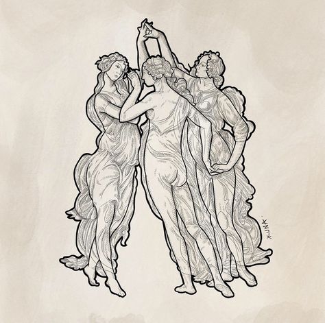 3 Graces Tattoo, Three Women Tattoo, The Muses Tattoo, Three Graces Tattoo, Muses Tattoo, Classical Art Tattoo, Grace Tattoos, Best Tattoo Ever, Statue Tattoo