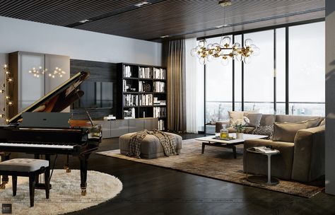 Grand Piano Living Room, Modern Music Room, Grand Piano Room, Piano Room Decor, Piano Living Rooms, Modern Luxury Apartment, Piano Lounge, Home Music Rooms, Piano Decor