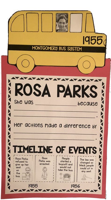 This Pin was discovered by Katlyn Lowe. Discover (and save!) your own Pins on Pinterest. Rosa Parks Timeline, Rosa Parks Activities, Rosa Parks Bus, Kindergarten Books, Rosa Parks, School Help, Preschool Lessons, African American History, Kindergarten Activities