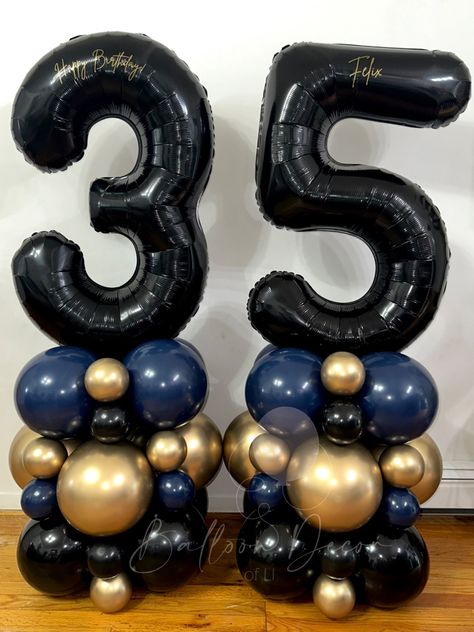 Number stack balloons for a 35th. Birthday!✨ Perfwct colors for him! Balloon decor for him! 35th Birthday Party Decorations, 35 Man Birthday Party, 35th Bday Ideas For Him, Men’s 35th Birthday, 35th Birthday Decor, Man 35th Birthday Ideas, Men 35th Birthday Party Ideas, 43 Birthday Ideas For Men, 34 Birthday Ideas For Him