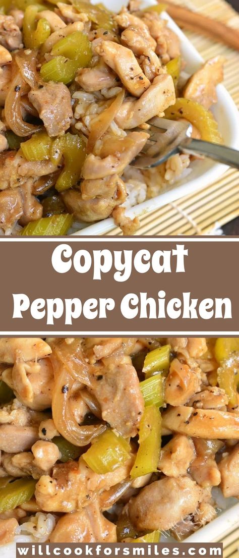 Once you try this homemade version of Panda Express Pepper Chicken, you’ll never go back to take-out. This easy chicken recipe features juicy, tender chicken thigh meat is sauteed with onions and celery, and cooked in black pepper soy sauce. Low Cholesterol Recipes Dinner, Chicken And Rice Dinner, February Recipes, Recipes With Soy Sauce, Soy Sauce Chicken, Recipes With Chicken And Peppers, Easy Chicken And Rice, Recipe Using Chicken, Low Cholesterol Recipes