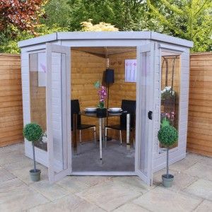 Summer House Design, Corner Sheds, Corner Summer House, Summer House Garden, Back Garden Design, Backyard Sheds, Backyard Shed, Corner House, Shed Design