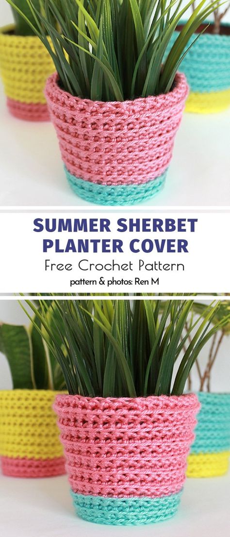 Summer Sherbet Planter Cover Free Crochet Pattern Basket Design Ideas, Crochet Planter Cover, Crochet Planter, Crocheting Tips, Crocheted Baskets, Crocheted Coasters, Craft Hobbies, Crochet Plant Hanger, Planter Cover