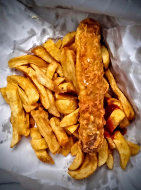 Jumbo Sausage in Batter with small portion of chips... Sausage And Chips, Battered Sausage, Chips