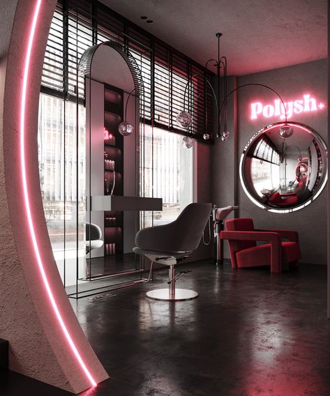 Polysh , Beauty saloon , OMAN on Behance Red Salon Decor Ideas, Beauty Saloon Decor Interior Design, Beauty Studio Decor, Saloon Decor, Salon Concepts, Salon Interior Design Ideas, Salon Suites Decor, Hair Salon Decor, Nail Salon Design