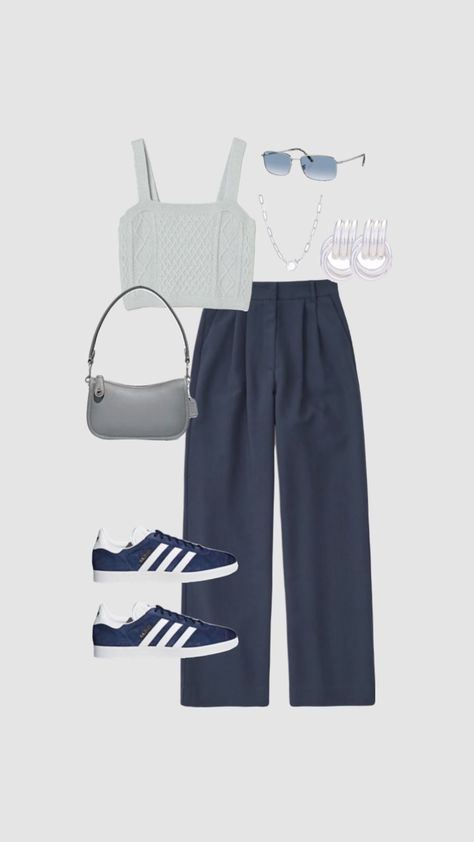 Navy Outfit Aesthetic, Gray Outfit Aesthetic, Coach Purse Aesthetic, Ootd Navy, Blue Outfit Aesthetic, Outfit Ideas Blue, Gazelle Outfit, Adidas Gazelle Outfit, Aesthetic Adidas