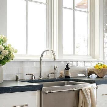 Farmhouse Sink With Towel Bar Design Ideas Sink With Towel Bar, Green Shaker Cabinets, Stainless Steel Tile Backsplash, Stainless Steel Apron Sink, Blue Shaker Cabinets, Black Marble Countertops, Bar Design Ideas, Vintage Pantry, Inset Cabinetry