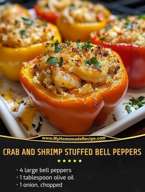 Shrimp Stuffed Bell Peppers, Crab And Shrimp, Shrimp Stuffed, Crab Stuffed, Yummy Seafood, Healthy Recipes For Diabetics, Easy Recipes For Beginners, Diet Recipes Easy, Family Cookbook