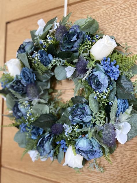 Navy blue scottish inspired wreath for front door. Navy Blue Bridal Shower Ideas, Bridal Shower Wreaths, Craft Workshop, Blue Bridal Shower, Blue Wreath, Cool Doors, Wedding Wreaths, Christmas Wreaths For Front Door, Sunset Wedding