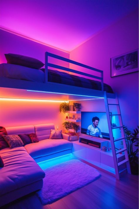 Bedroom Ideas For 8-10 Boy, Gaming Bunk Bed Ideas, Teen Boy Room Loft Bed, Big Boy Beds, Bunk Bed Gaming Setup, Bunk Bed Set Up Ideas, Big Gaming Room Setup, Big Kid Room Boy Bedrooms, Teen Room Loft Bed