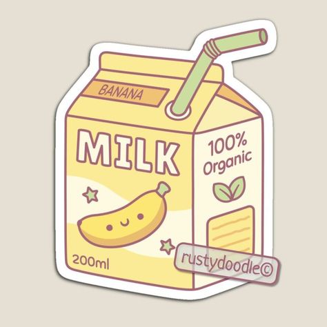 Banana Flavored Milk, Milk Drawing, Cute Banana, Box Sticker, Food Cartoon, Cute Doodle, Milk Box, Banana Milk, Boys Sticker