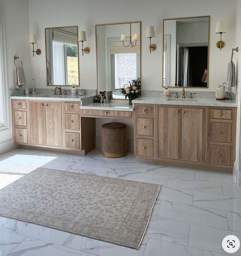 Primary Bathroom Double Vanity Ideas, Southern Master Bath, Side By Side Vanities Master Bath, Jack And Jill Master Bath, Master Bath Two Separate Vanities, L Shaped Master Bath Layout, Two Separate Vanities In Bathroom, Bathroom Built In Vanity, Split Bathroom Layout