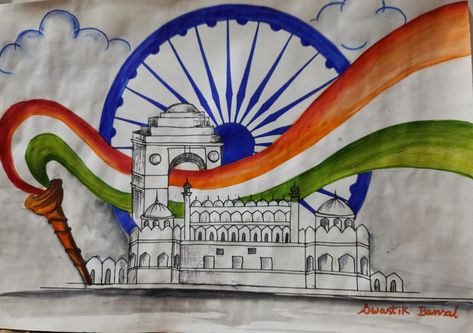 Republic Day Creative Drawing, Happy Independence Day Drawing Ideas, Republic Day Drawing Competition, Independence Drawing Ideas, Drawings For Independence Day, Independence Day Painting Competition, Independent Day Drawing 15 August, 15 August Independence Day Painting, Patriotic Drawings India