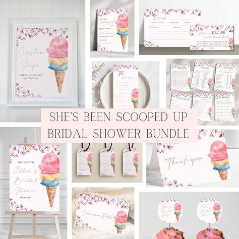 She’s Been Scooped Up Bridal Shower Template Bundle | Pastel Ice Cream Themed Bridal Shower Editable Party Bundle She's Been Scooped Up Bridal Shower, She’s Been Scooped Up Bridal Theme, Ice Cream Theme Bridal Shower Ideas, Bridal Shower Ice Cream Theme, Ice Cream Bridal Shower Theme, Ice Cream Bridal Shower Ideas, Scooped Up Bridal Shower Theme, Fig Wedding, Pastel Ice Cream