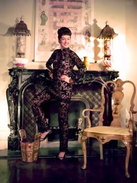 Auntie Mame Rosalind Russell black lace pajama/asian style pant set Auntie Mame Costumes, Subtle Cosplay, Orry Kelly, Auntie Mame, Helen Rose, Jean Arthur, Rosalind Russell, Movie Decor, Vintage Stars