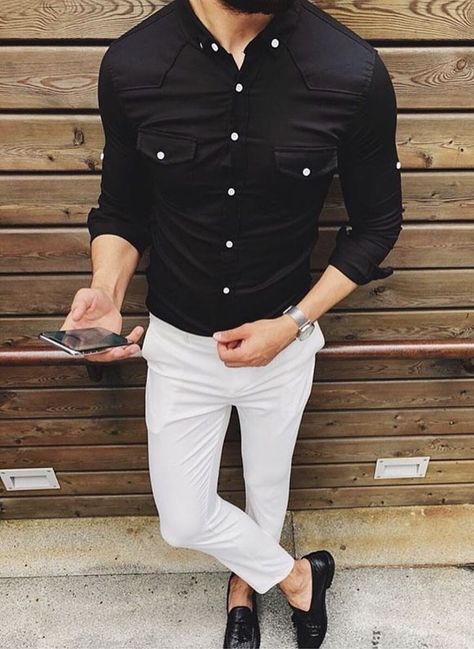 Men’s black button down shirt with white pants and black shoes. #mensfashion #menswear #menstyle #bespoke #menwithstreetstyle Button Up Outfit, White Pantsuit, Web Dashboard, Shirt Outfit Men, Black Button Up Shirt, Shirt Dress Outfit, White Jeans Outfit, Black Button Down Shirt, Business Suits