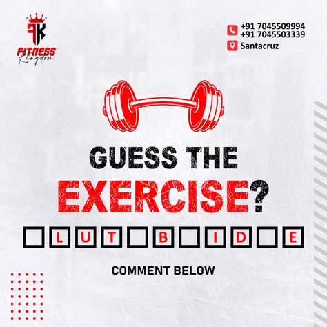 Guess the exercise 🤔

Comment below 💬

Address: Bharthi Workshop, 2nd floor, kolekalyan village, opp. Mc.donald / Burger King, CST Road, above Audi Service center, Kalina, Santacruz East, Mumbai, Maharashtra 400098

For more details
Join Now - 7045503339 / 7045509994
.
. Promotion Ideas, Gym Poster, Food Template, Fitness Design, Personal Fitness, Gymnastics Workout, Fitness Coach, Workout Fitness, Kickboxing