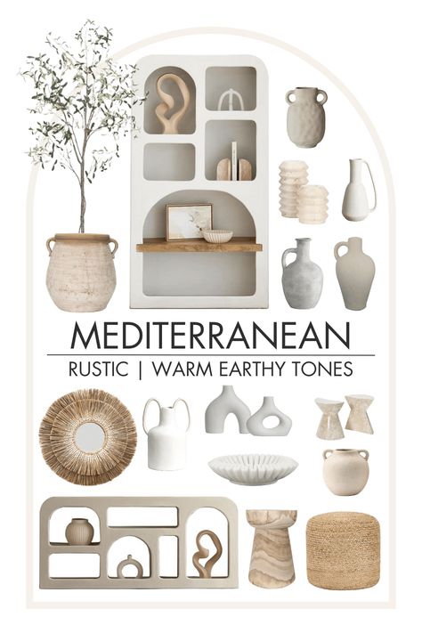 Mediterranean: Rustic | Warm Earthy Tones - Keleyah Mediterranean Decor Style, Apartment Decorating Mediterranean, Coastal Rustic House, Mediterranean Salon Decor, Mediterranean Style Furniture, Meditterean Home Decor, Mood Board Mediterranean, Mediterranean Decor Ideas, Mediterranean Coastal Decor