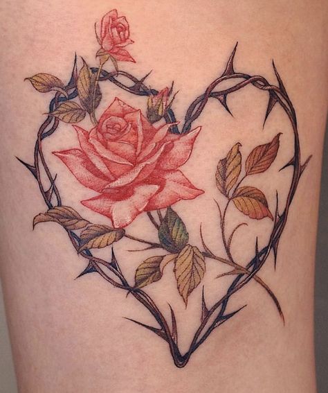 Rose Thorn Tattoo, Thorns Tattoo, Rose Heart Tattoo, Heart With Rose, Rose And Butterfly Tattoo, Thorn Tattoo, Barbed Wire Tattoos, Female Sleeve, Rose Thorns