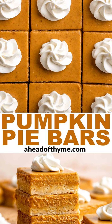 Pumpkin Pie Bars Pumpkin Pie Bars Easy, Pumpkin Pie Bars Recipe, Traditional Pumpkin Pie, Pumpkin Yogurt, Pumpkin Swirl Cheesecake, Pumpkin Filling, Pumpkin Squares, Pie Bar Recipes, Gingersnap Crust