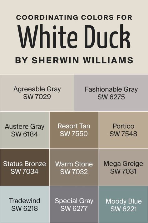 White Duck SW 7010  Coordinating Colors by Sherwin-Williams Sherwin Williams White Duck Coordinating Colors, White Duck Coordinating Colors, Sw White Duck Walls, White Duck Sherwin Williams, 7029 Agreeable Gray, Sw White Duck, Preschool Office, Lake House Paint Colors, Downsizing House