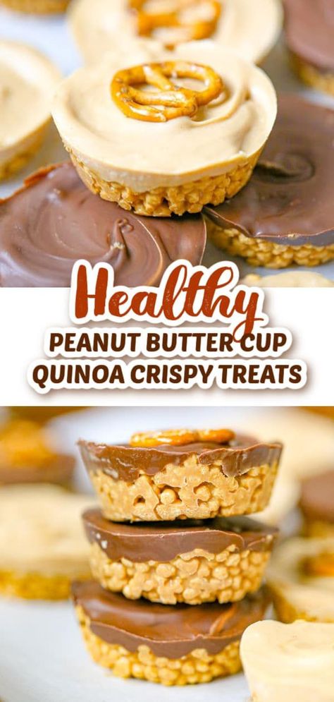 This easy Healthy Peanut Butter Cup Quinoa Crispy Treats recipe is the perfect snack or treat when you want something healthy, crunchy and full of chocolate and peanut butter flavor! Only 5 ingredients needed, vegan, dairy-free and gluten-free, what could be better? Get this easy chocolate dessert recipe and start snacking TODAY Quinoa Crispy Treats, Quinoa Chocolate Crisps, Quinoa Dessert, Quinoa Desserts, Peanut Butter Desserts Easy, Easy Chocolate Dessert, Quinoa Chocolate, Crispy Treats Recipe, Homemade Cake Recipes Chocolate