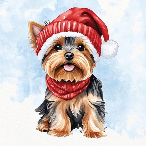 Yorkie Chihuahua Mix, Christmas Tiles, Christmas Yorkie, Bauble Ideas, Yorkie Painting, Yorkie Christmas, Xmas Pictures, Christmas Santa Hat, Illustration Noel