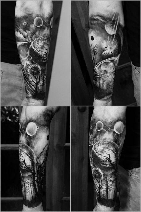 Forest Galaxy Tattoo, Space Sleeve Tattoo Women, Space Half Sleeve Tattoo, Universe Tattoo Sleeve, Space Sleeve Tattoo, Space Tattoo Designs, Universe Tattoos, Space Forest, Galaxy Tattoo Sleeve