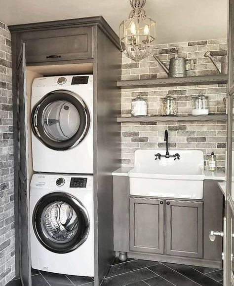 Laundry Room Makeover Stacked, Washer Dryer Laundry Room, Coronado Stone, Rustic Laundry, Container Bathroom, Stacked Laundry Room, Laundry Room Ideas Small Space, Small Laundry Room Makeover, Pantry Laundry Room