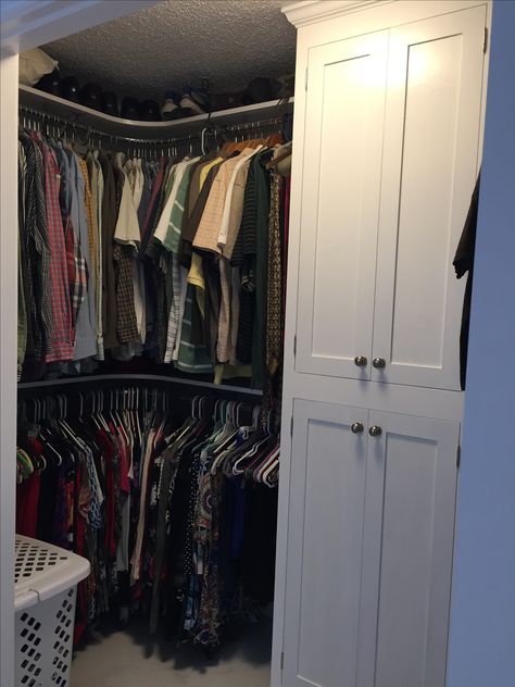 Remodeled closet with built in cabinet and curved rods. Curved Hanging Rod Closet, Curved Corner Closet Rod, Curved Closet Rod, Corner Closet Hanging Rod, Corner Closet Rod Ideas, Closet Rod Diy, Corner Closet Rod, Curved Closet, Closet Spaces